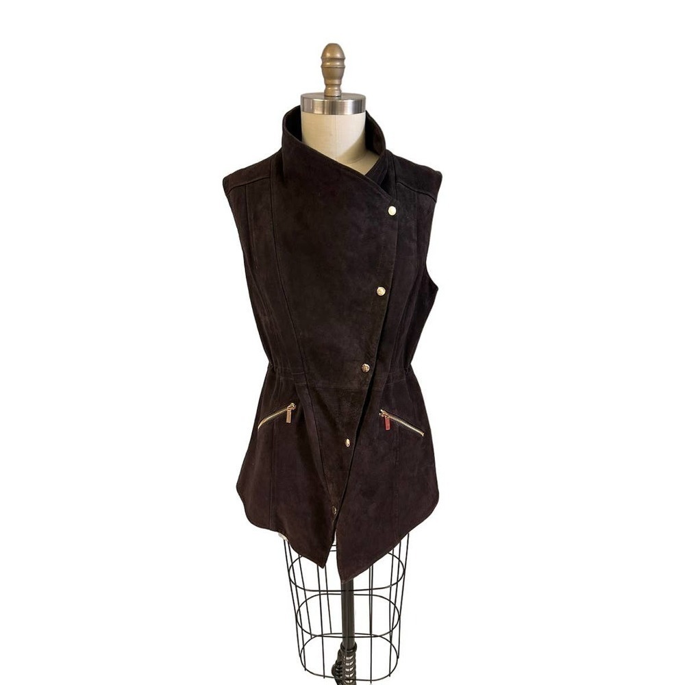 VTG Carlisle Dark Brown Suede Sleeveless Vest Sz 14 L Gold Zippers Snaps